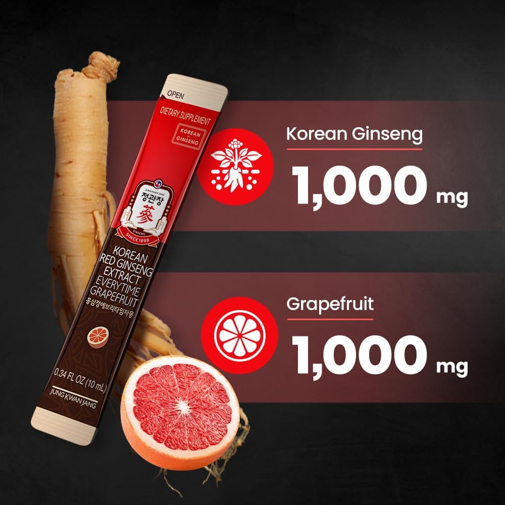 Korean Red Ginseng Extract Stick with Grapefruit Flavor - Antioxidant Energy Supplement for Men & Women, 10 Sticks
