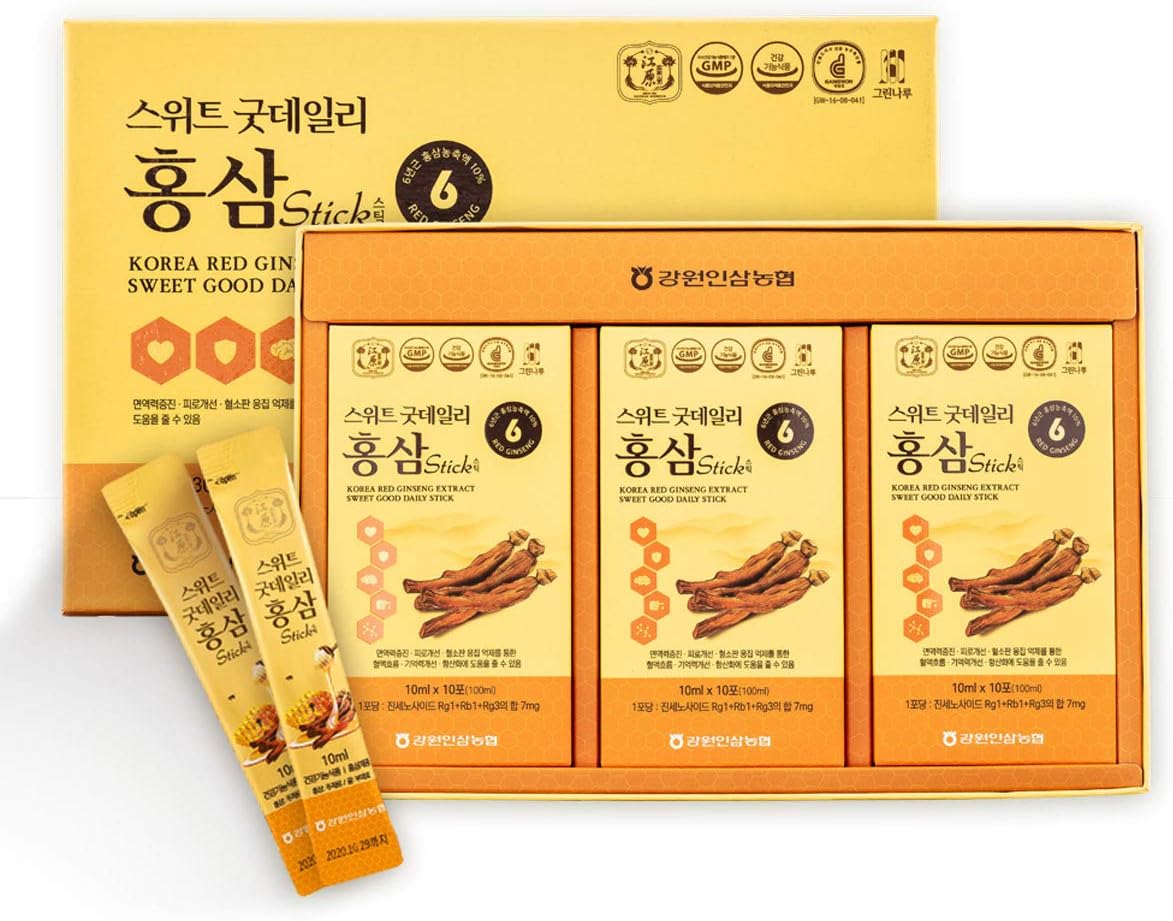 Korean Red Ginseng Extract Sweet Daily Stick - 30 Count Contains 6-Year Extract - 10ml Stick Packs - 3 Boxes of 10 Sticks