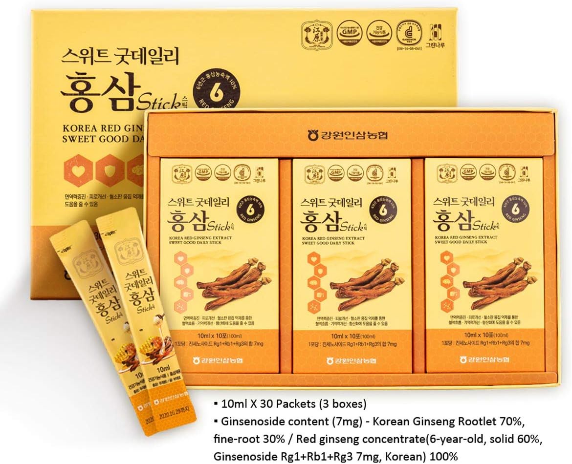 Korean Red Ginseng Extract Sweet Daily Stick - 30 Count Contains 6-Year Extract - 10ml Stick Packs - 3 Boxes of 10 Sticks