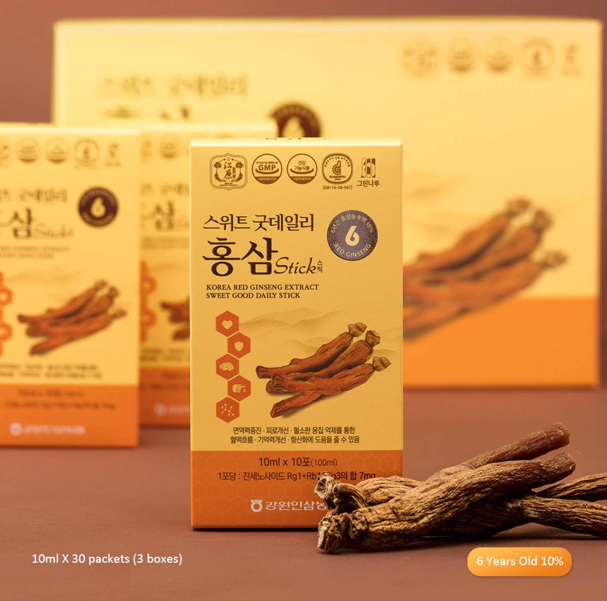 Korean Red Ginseng Extract Sweet Daily Stick - 30 Count Contains 6-Year Extract - 10ml Stick Packs - 3 Boxes of 10 Sticks