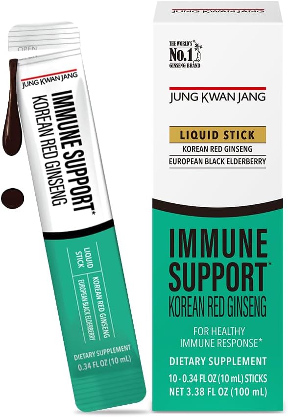 Korean Red Panax Ginseng and Elderberry Immune Support Extract Sticks - Antioxidant Supplement for Daily Wellness - 10 Count
