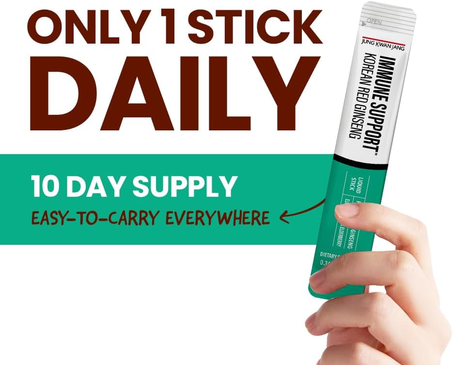 Korean Red Panax Ginseng and Elderberry Immune Support Extract Sticks - Antioxidant Supplement for Daily Wellness - 10 Count