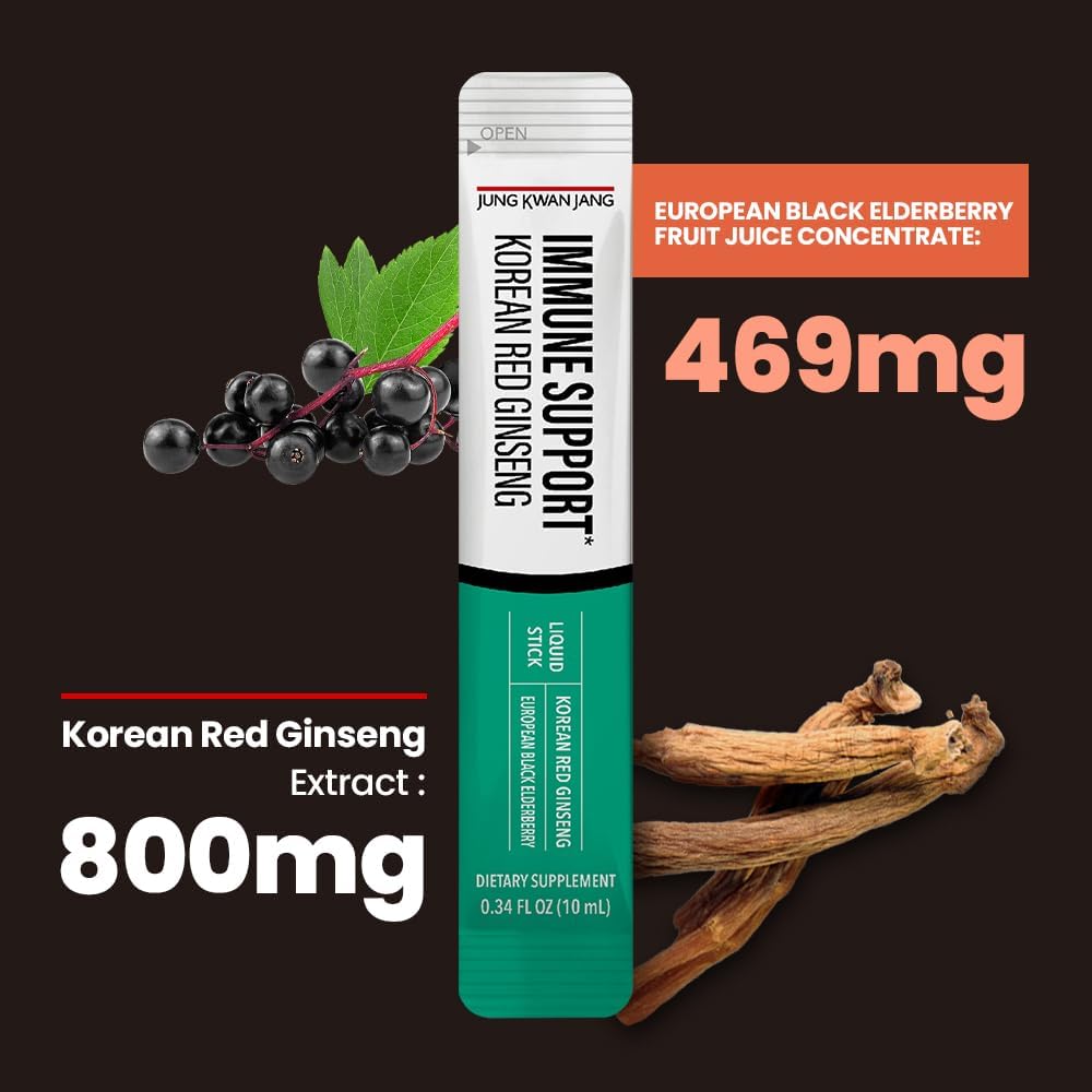 Korean Red Panax Ginseng and Elderberry Immune Support Extract Sticks - Antioxidant Supplement for Daily Wellness - 10 Count
