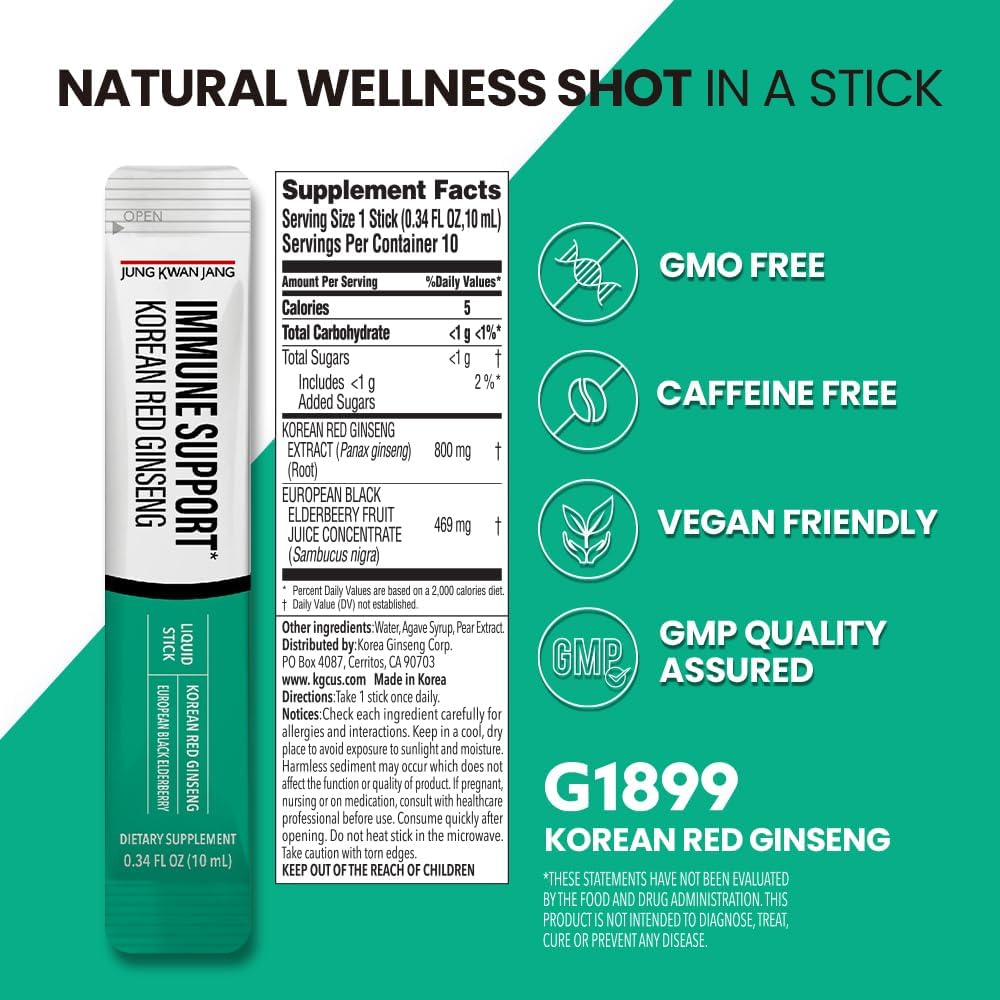 Korean Red Panax Ginseng and Elderberry Immune Support Extract Sticks - Antioxidant Supplement for Daily Wellness - 10 Count