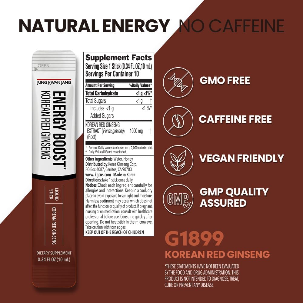 Korean Red Panax Ginseng Extract Sticks 1000mg, 30 Count for Energy Boost - JungKwanJang