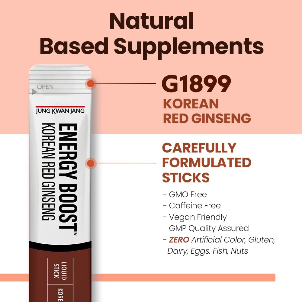 Korean Red Panax Ginseng Extract Sticks 1000mg, 30 Count for Energy Boost - JungKwanJang