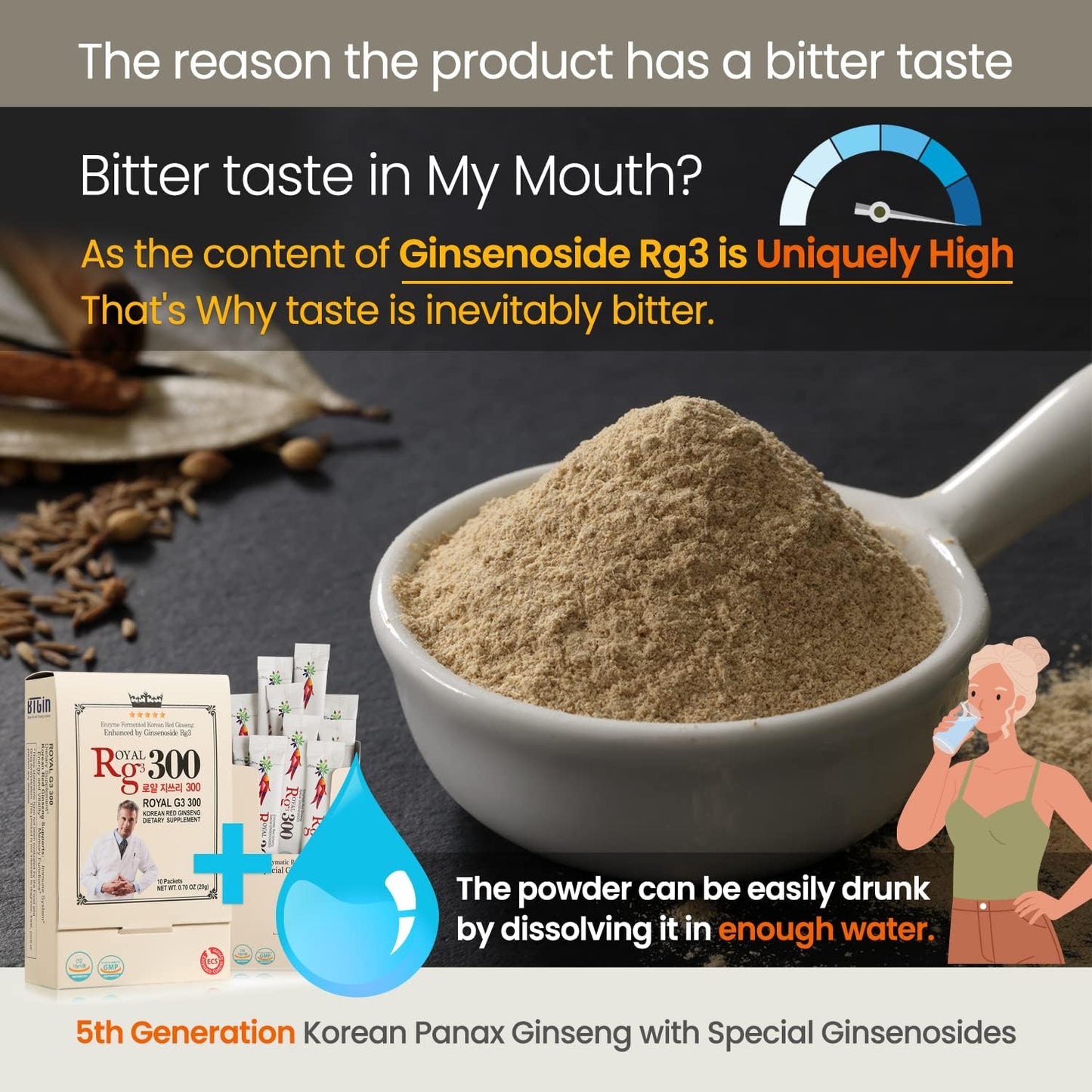 Korean Red Panax Ginseng Powder with Enhanced Ginsenosides Rg3 - 10 Sachets, 50mg Rg3 per Sachet, Made in Korea