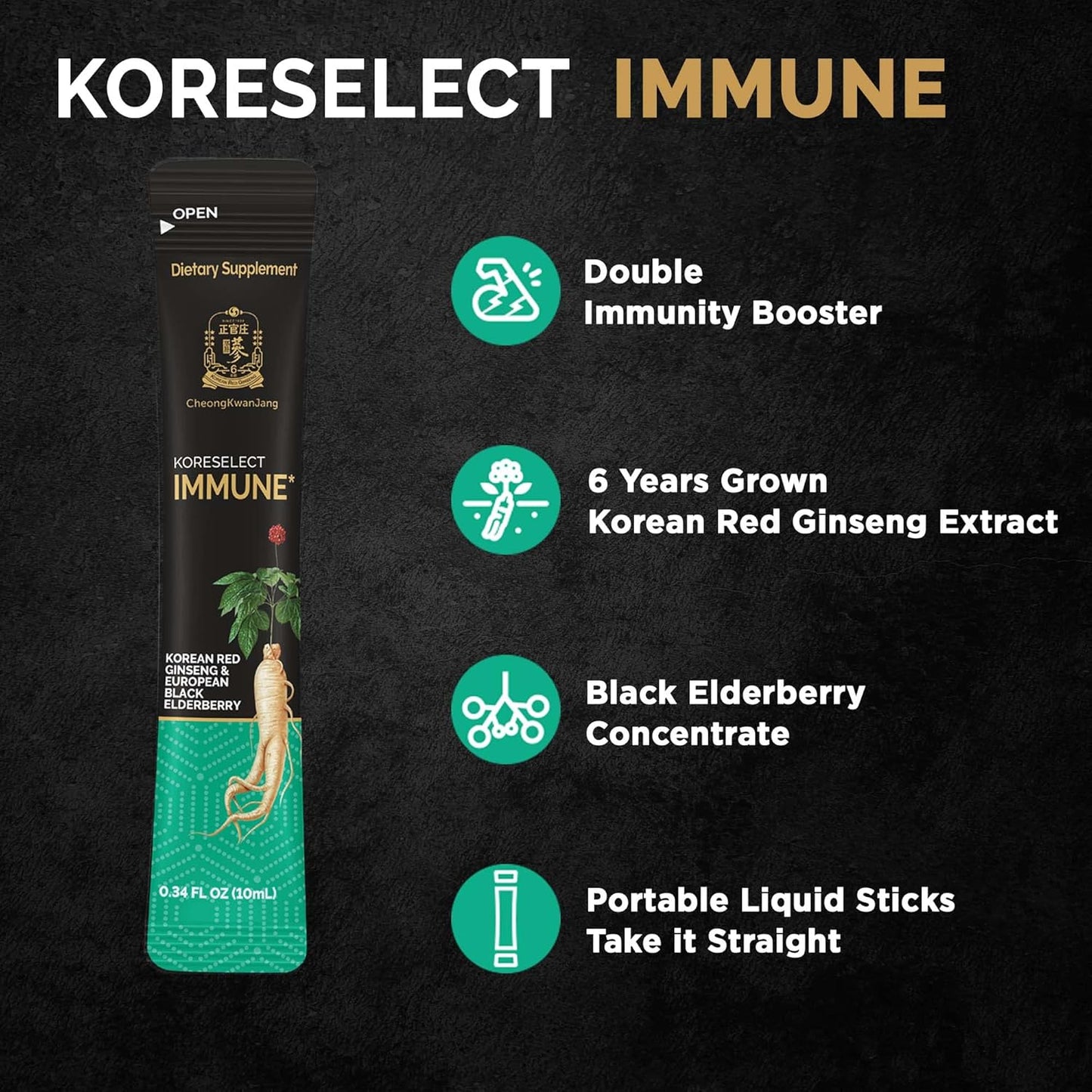 KORESELECT Immune Boosting Liquid Sticks with Korean Red Ginseng, Elderberry, and Panax Ginseng for Natural Energy and Immunity Support