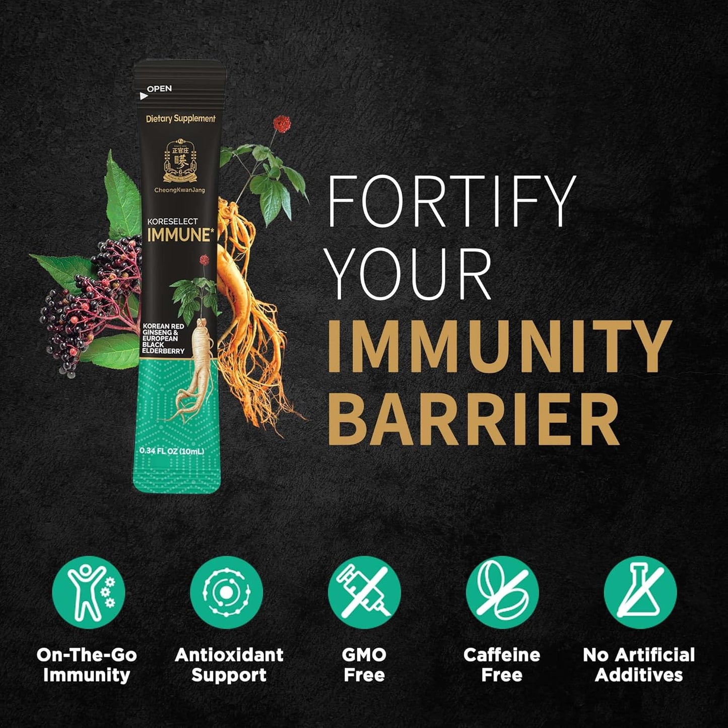 KORESELECT Immune Boosting Liquid Sticks with Korean Red Ginseng, Elderberry, and Panax Ginseng for Natural Energy and Immunity Support