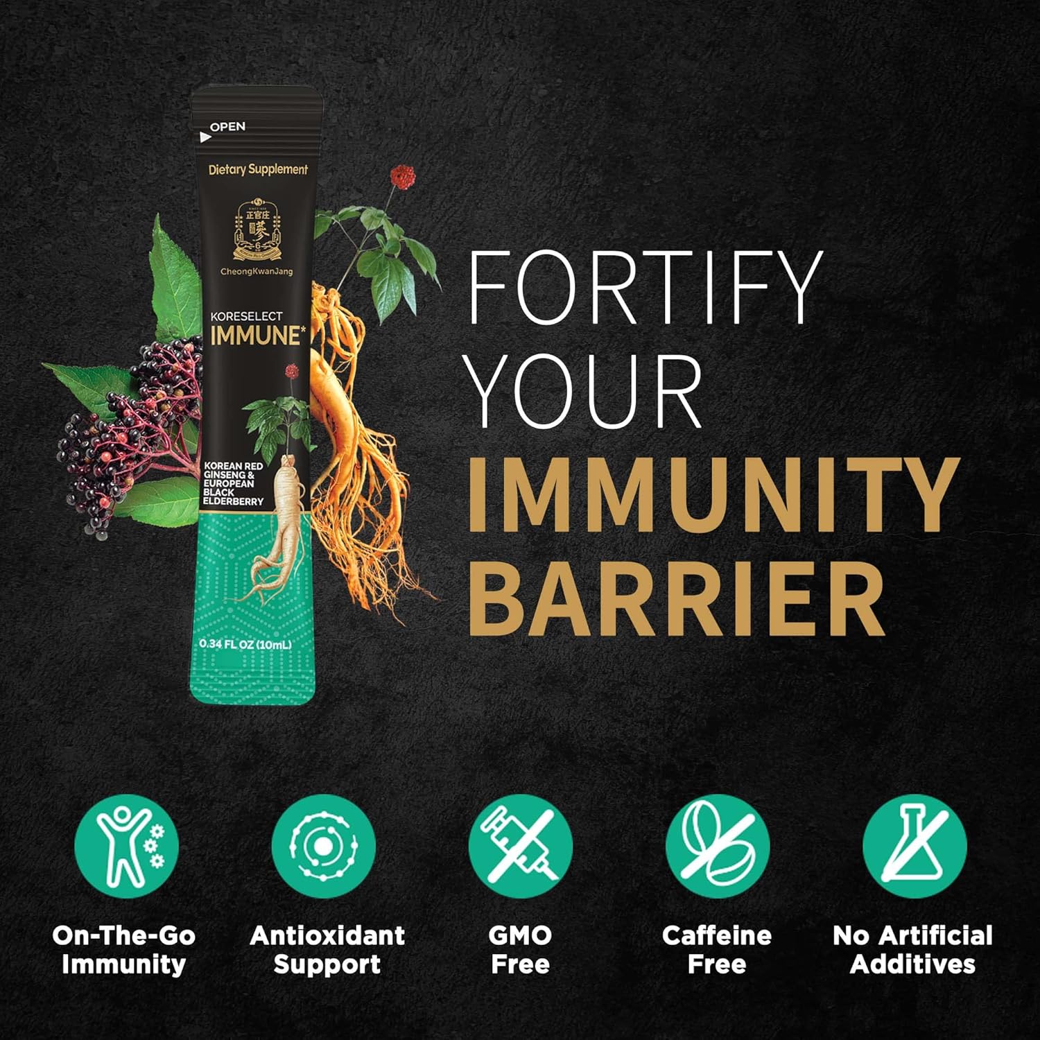 KORESELECT Immune Boosting Liquid Sticks with Korean Red Ginseng, Elderberry, and Panax Ginseng for Natural Energy and Immunity Support
