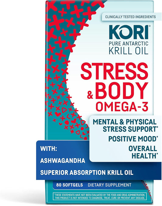 Kori Krill Kori Stress & Body Adaptogen Supplement with Krill Oil & Ashwagandha for Heart, Brain & Joint Health - Omega-3 Fatty Acids for Mood & Sleep Support - 80 Softgels