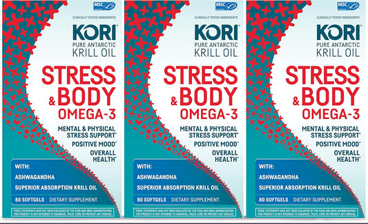 Kori Krill Stress & Body Adaptogen Supplement - Omega-3 & Ashwagandha for Heart, Brain, Eye, Joint Health - 240 Softgels
