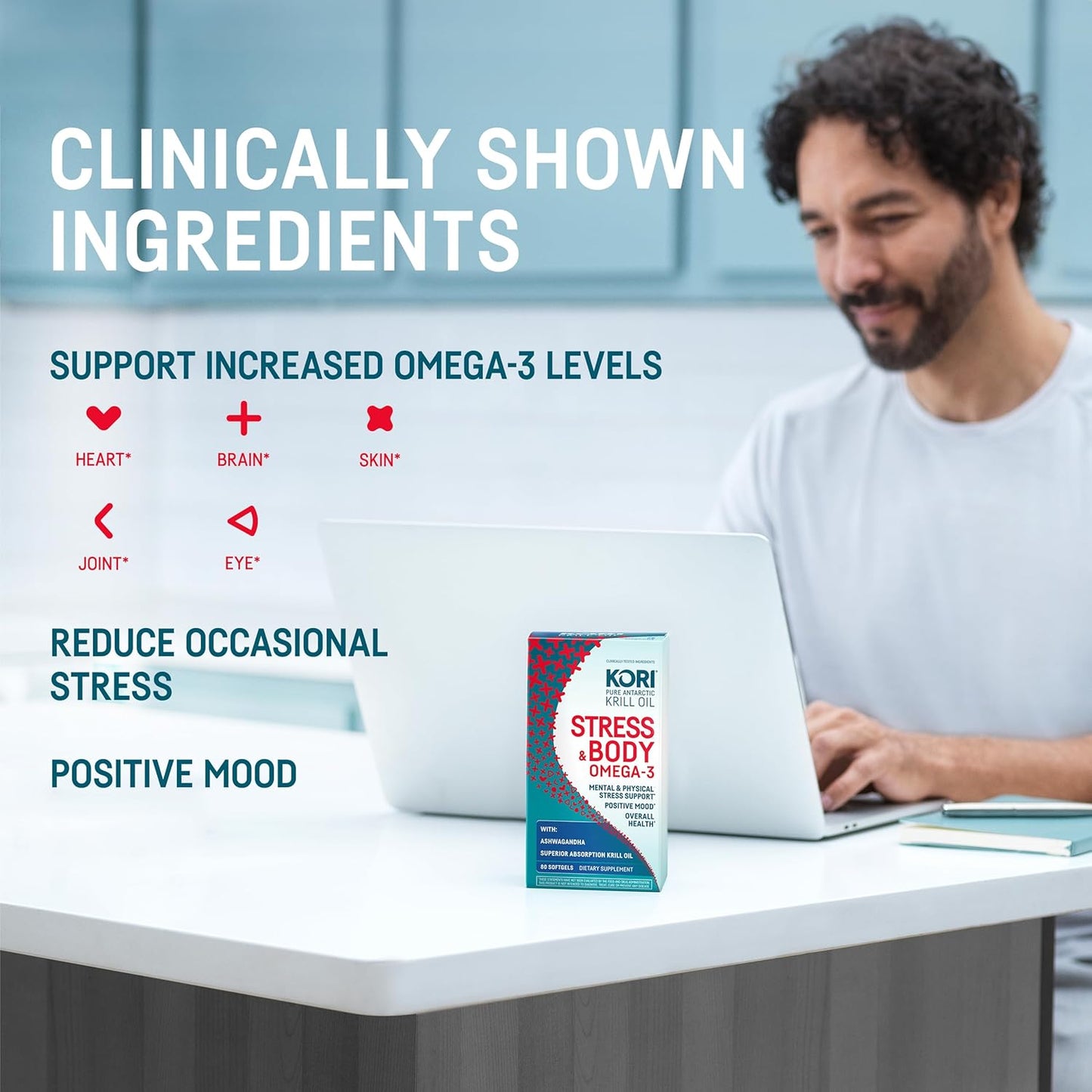 Kori Krill Stress & Body Adaptogen Supplement - Omega-3 & Ashwagandha for Heart, Brain, Eye, Joint Health - 240 Softgels