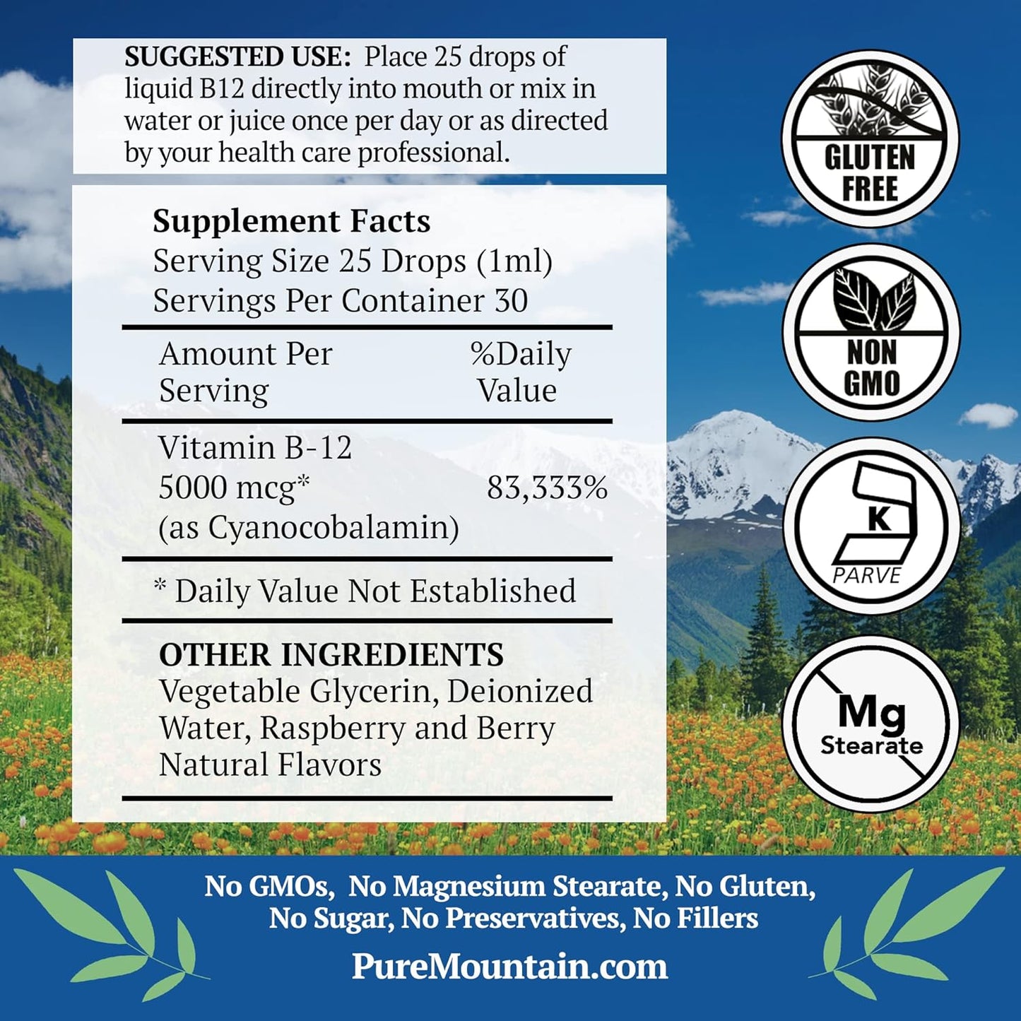 Kosher 5000 mcg B12 Vitamin Drops with Natural Berry Flavor in 1oz Bottle by Pure Mountain Botanicals