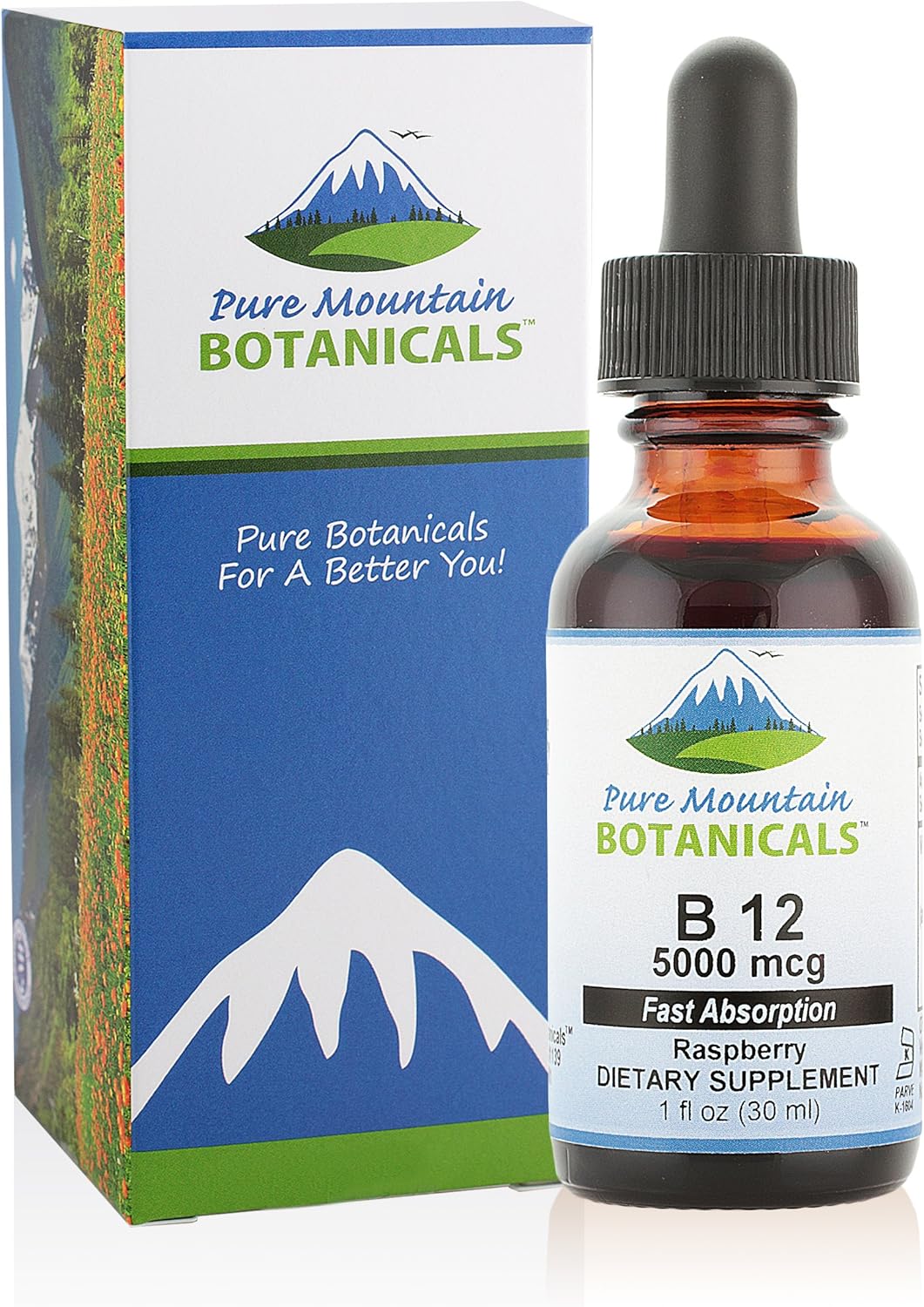 Kosher 5000 mcg B12 Vitamin Drops with Natural Berry Flavor in 1oz Bottle by Pure Mountain Botanicals
