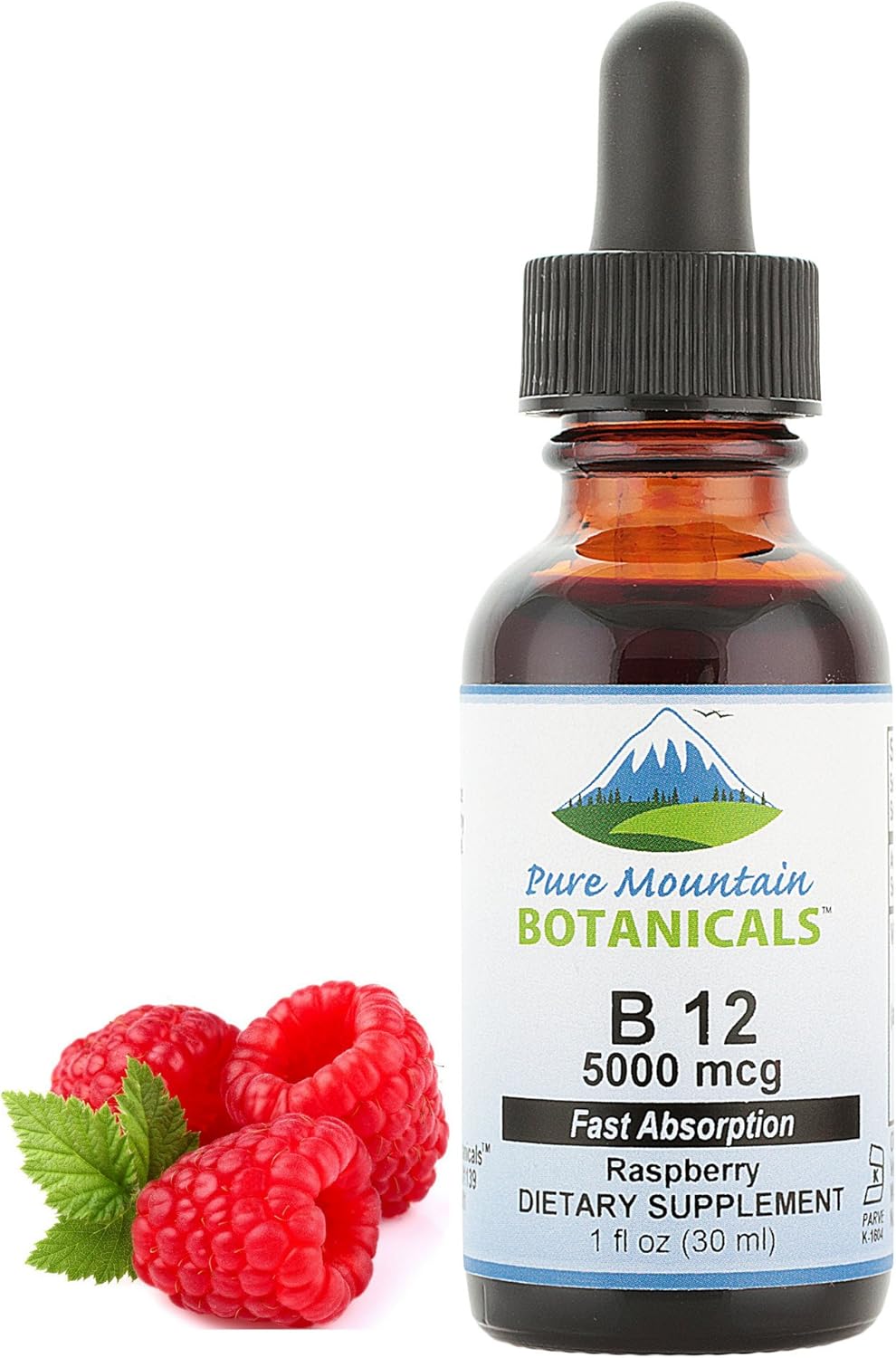 Kosher 5000 mcg B12 Vitamin Drops with Natural Berry Flavor in 1oz Bottle by Pure Mountain Botanicals