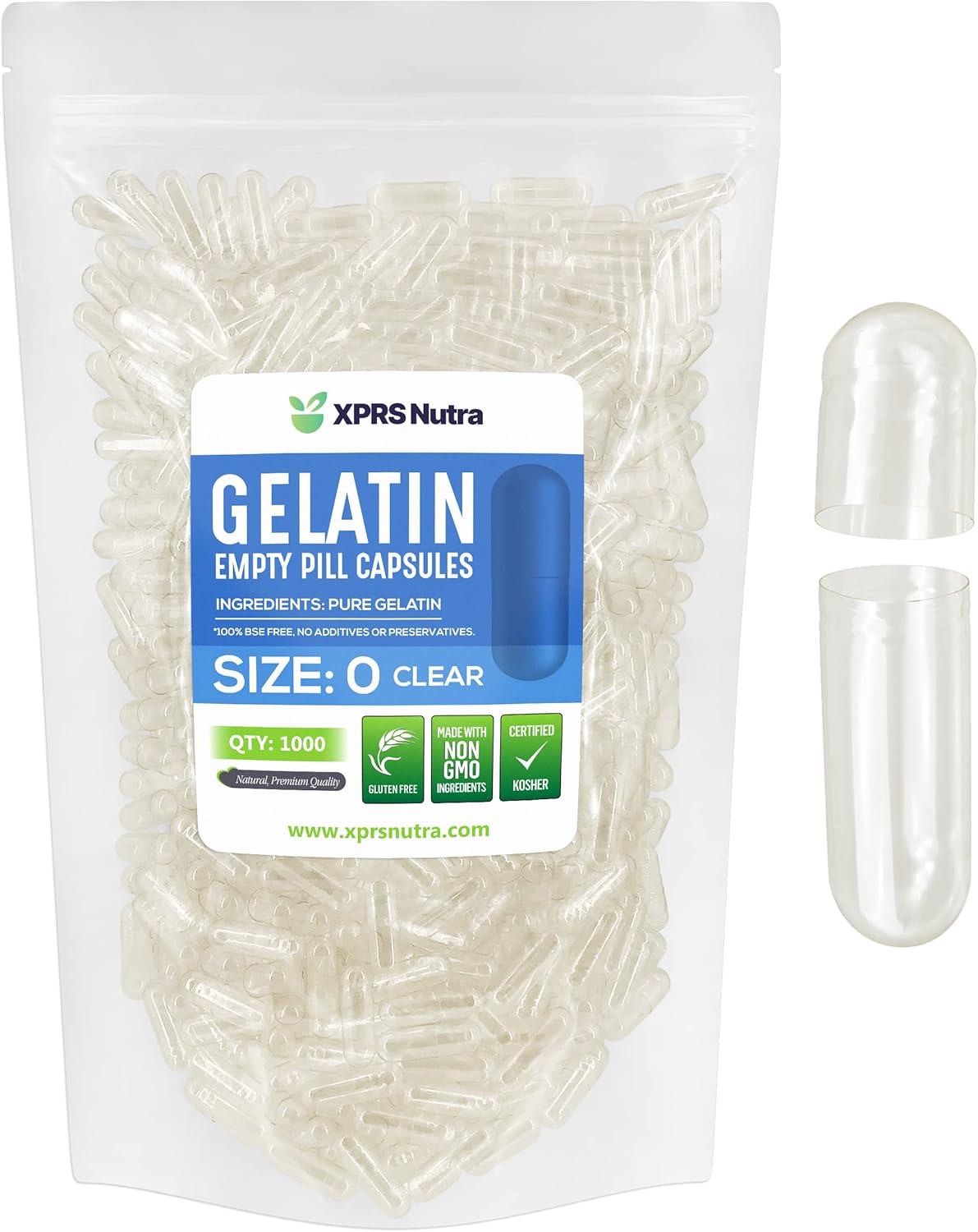 Kosher and Halal Size 0 Clear Empty Gelatin Capsules - 1000 Count - DIY Powder Filling - XPRS Nutra Capsules Express