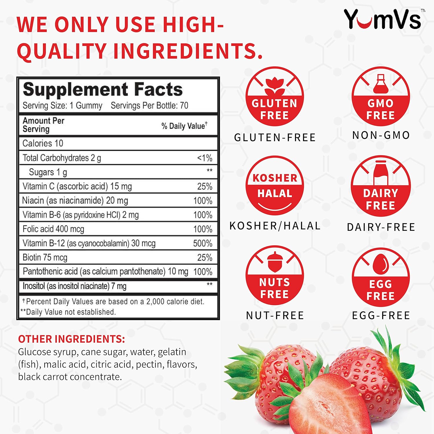 Kosher B-Complex with Vitamin C Gummies - Strawberry Flavor Chewables for Adults & Kids, 70 Count