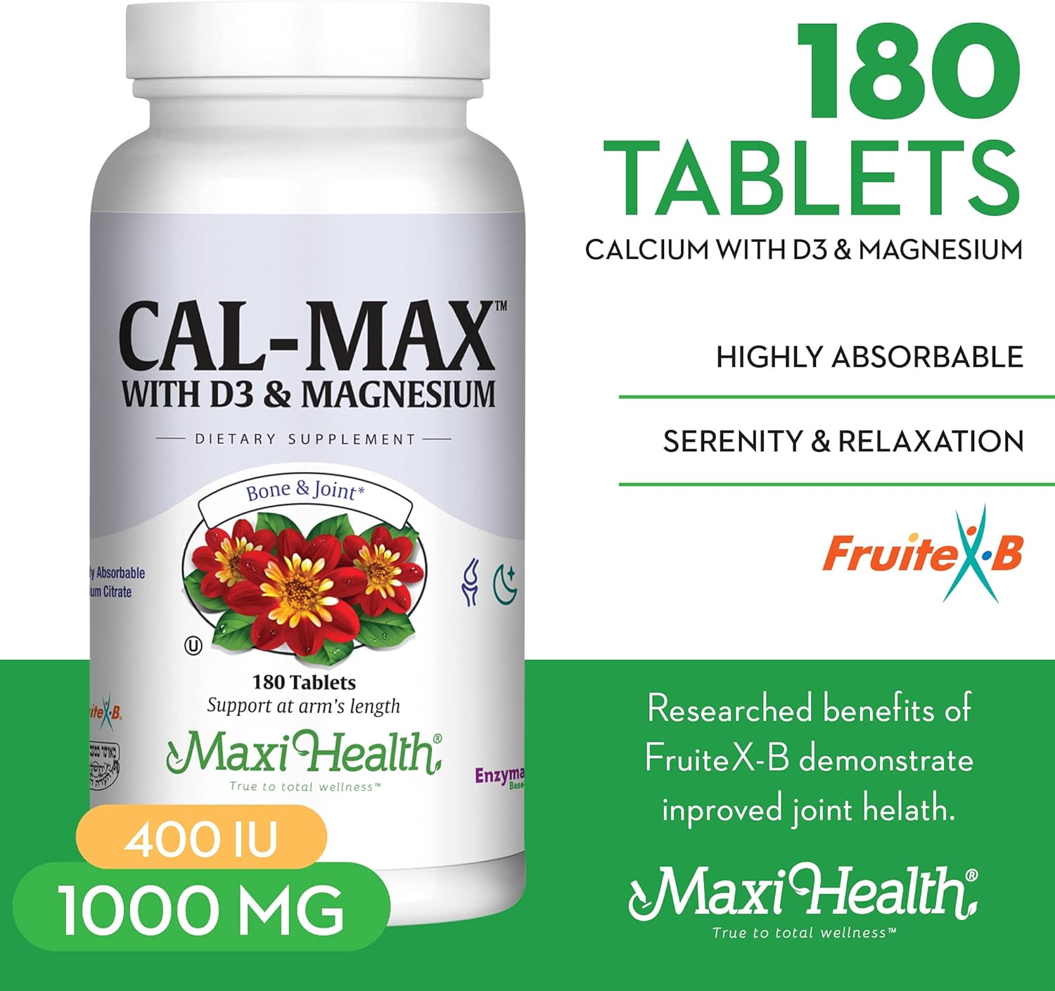 Kosher Bone Health Supplement with Calcium, Magnesium, Vitamin D3, and Boron - Nighttime Formula for Strong Bones, 180 Tablets