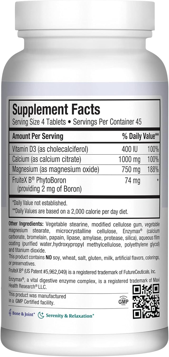 Kosher Bone Health Supplement with Calcium, Magnesium, Vitamin D3, and Boron - Nighttime Formula for Strong Bones, 180 Tablets