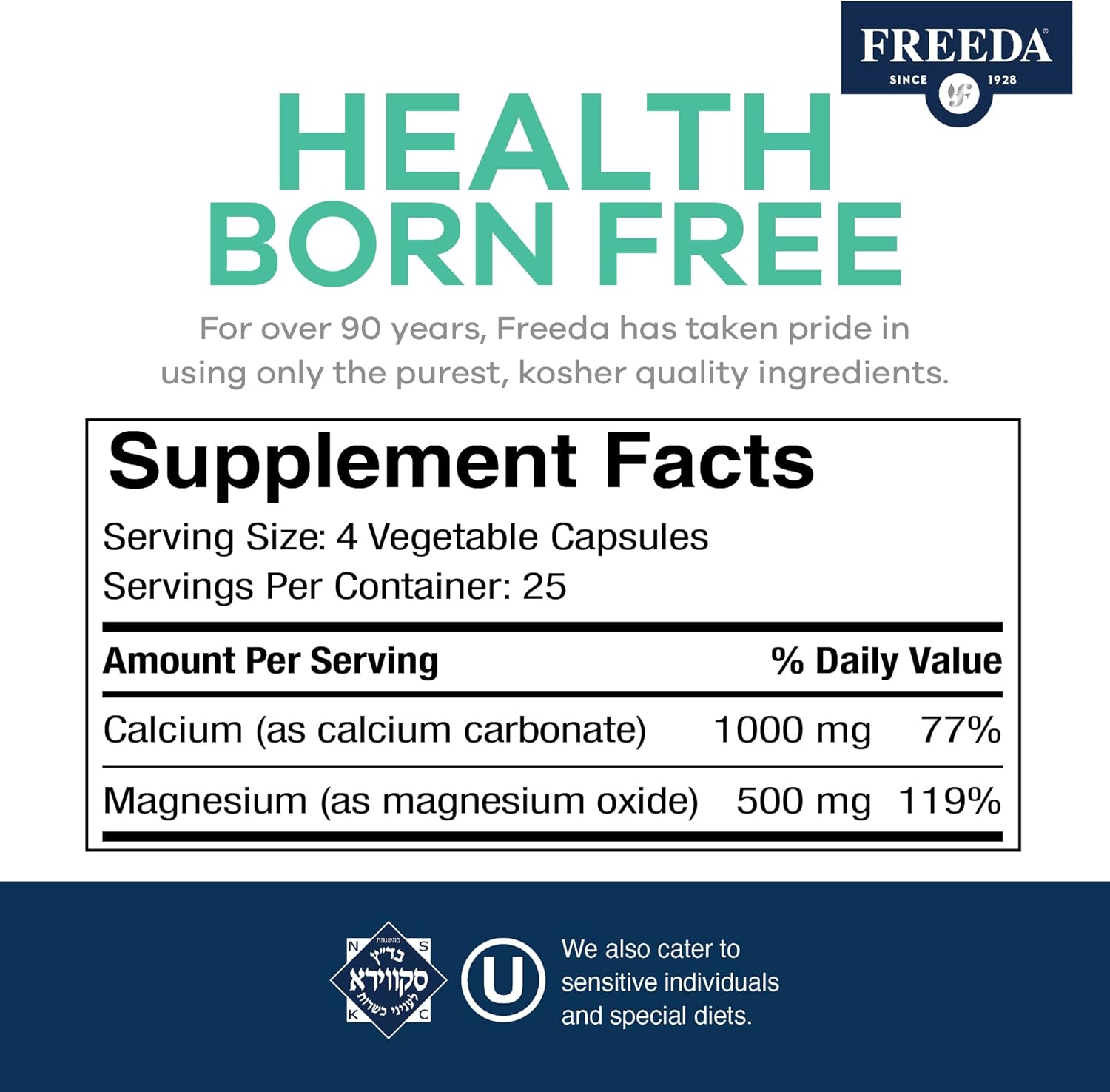 Kosher Cal/Mag Calcium Magnesium Supplements for Bone & Joint Support - Vegan Capsules (100 Count)