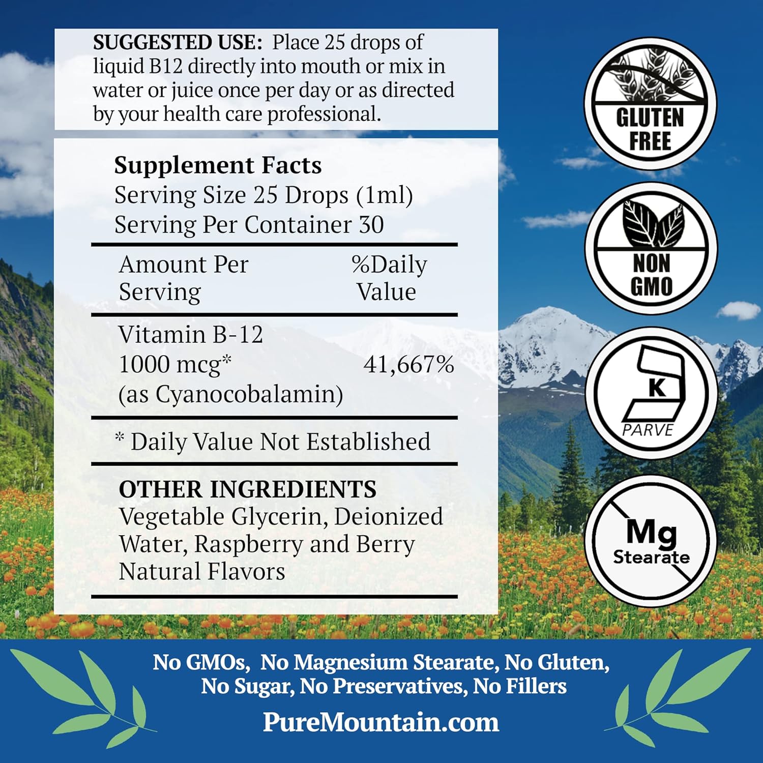Kosher Liquid B12 Drops with Natural Berry Flavor - Pure Mountain Botanicals 1000 mcg Vitamin B12
