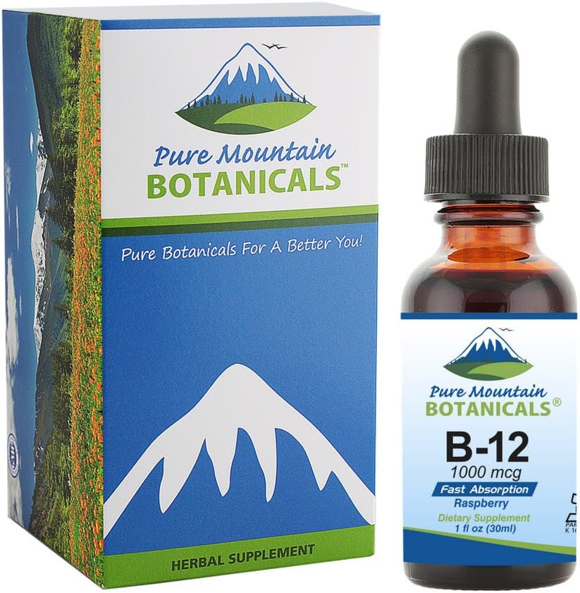 Kosher Liquid B12 Drops with Natural Berry Flavor - Pure Mountain Botanicals 1000 mcg Vitamin B12