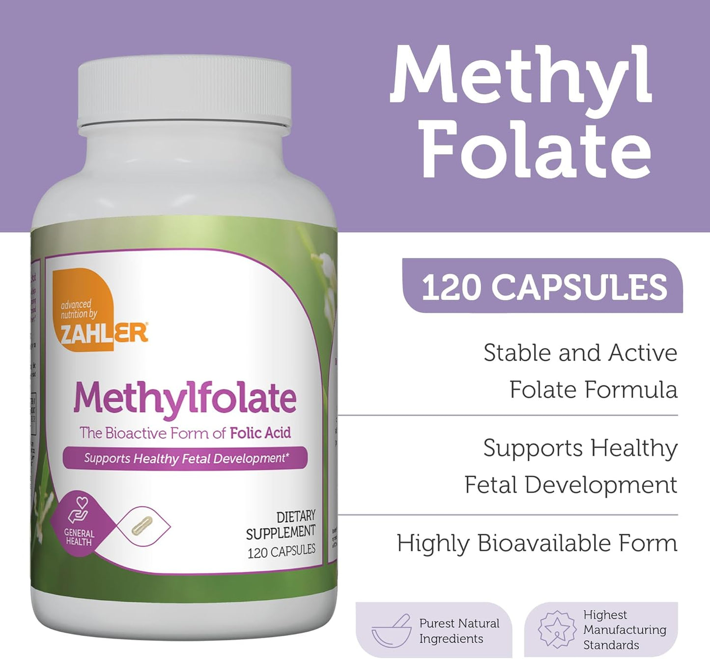 Kosher Non GMO Methyl Folate Supplement for Women - Supports Healthy Fetal Development and Genetic Health - 1000 mcg DFE L-Methylfolate - Zahler Methylfolate (120 Capsules)