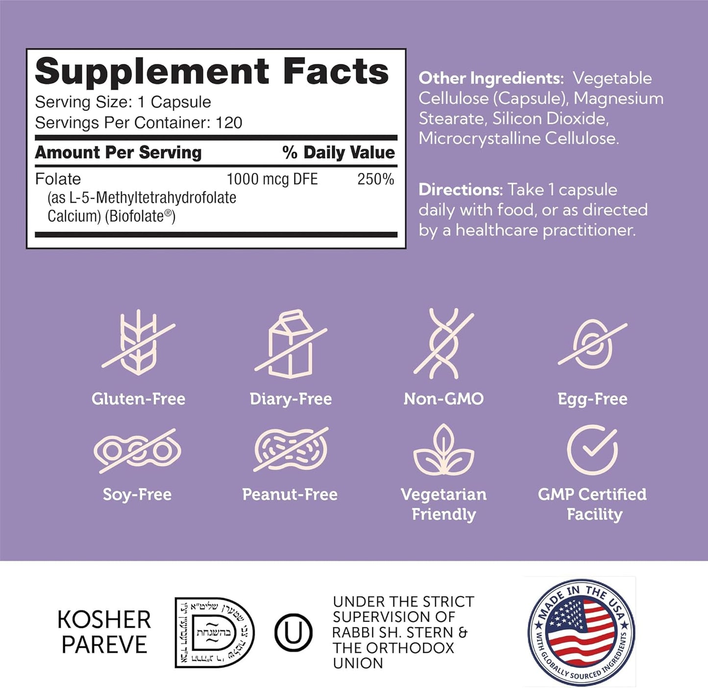 Kosher Non GMO Methyl Folate Supplement for Women - Supports Healthy Fetal Development and Genetic Health - 1000 mcg DFE L-Methylfolate - Zahler Methylfolate (120 Capsules)