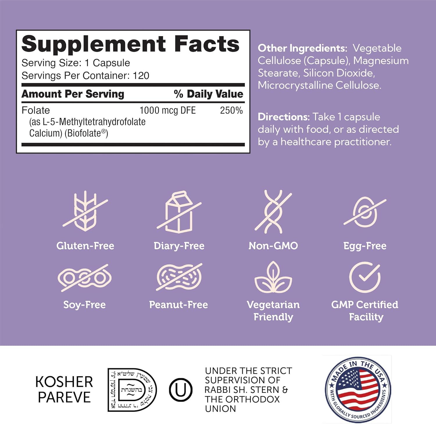 Kosher Non GMO Methyl Folate Supplement for Women - Supports Healthy Fetal Development and Genetic Health - 1000 mcg DFE L-Methylfolate - Zahler Methylfolate (120 Capsules)