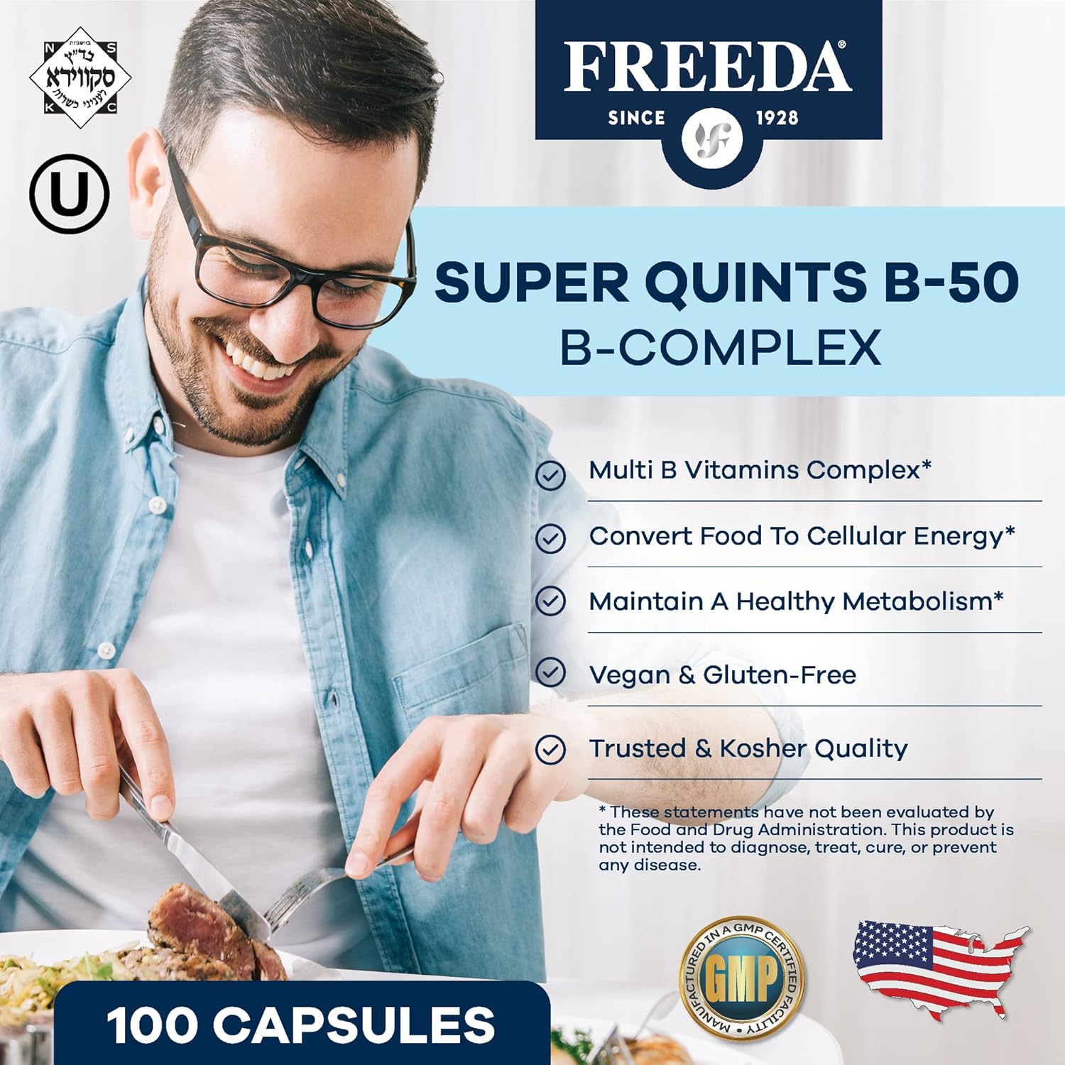 Kosher Super B Complex Vitamin Supplement - Energy Metabolism Booster with Biotin, B12, Folic Acid - 250 Capsules