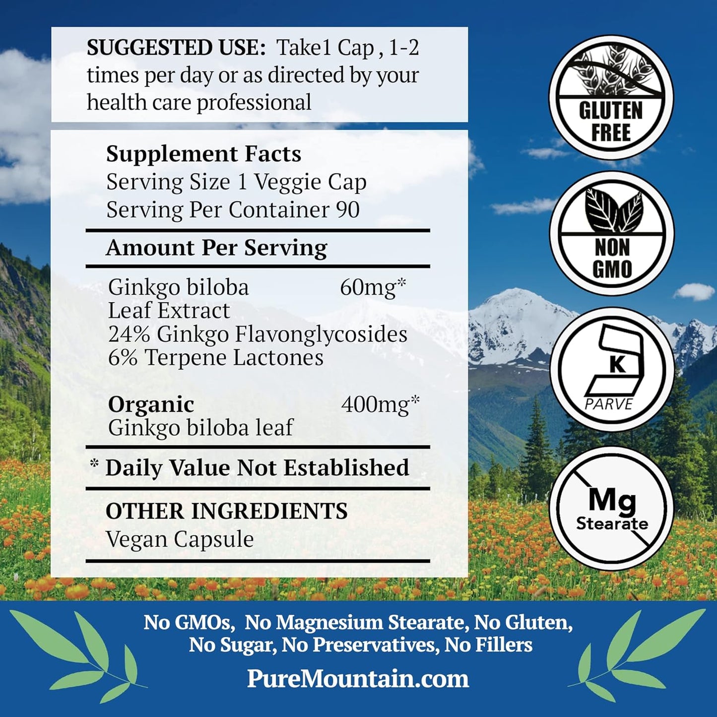 Kosher Vegan Ginkgo Biloba Capsules with 400mg Leaf Extract – Pure Mountain Botanicals Supplement