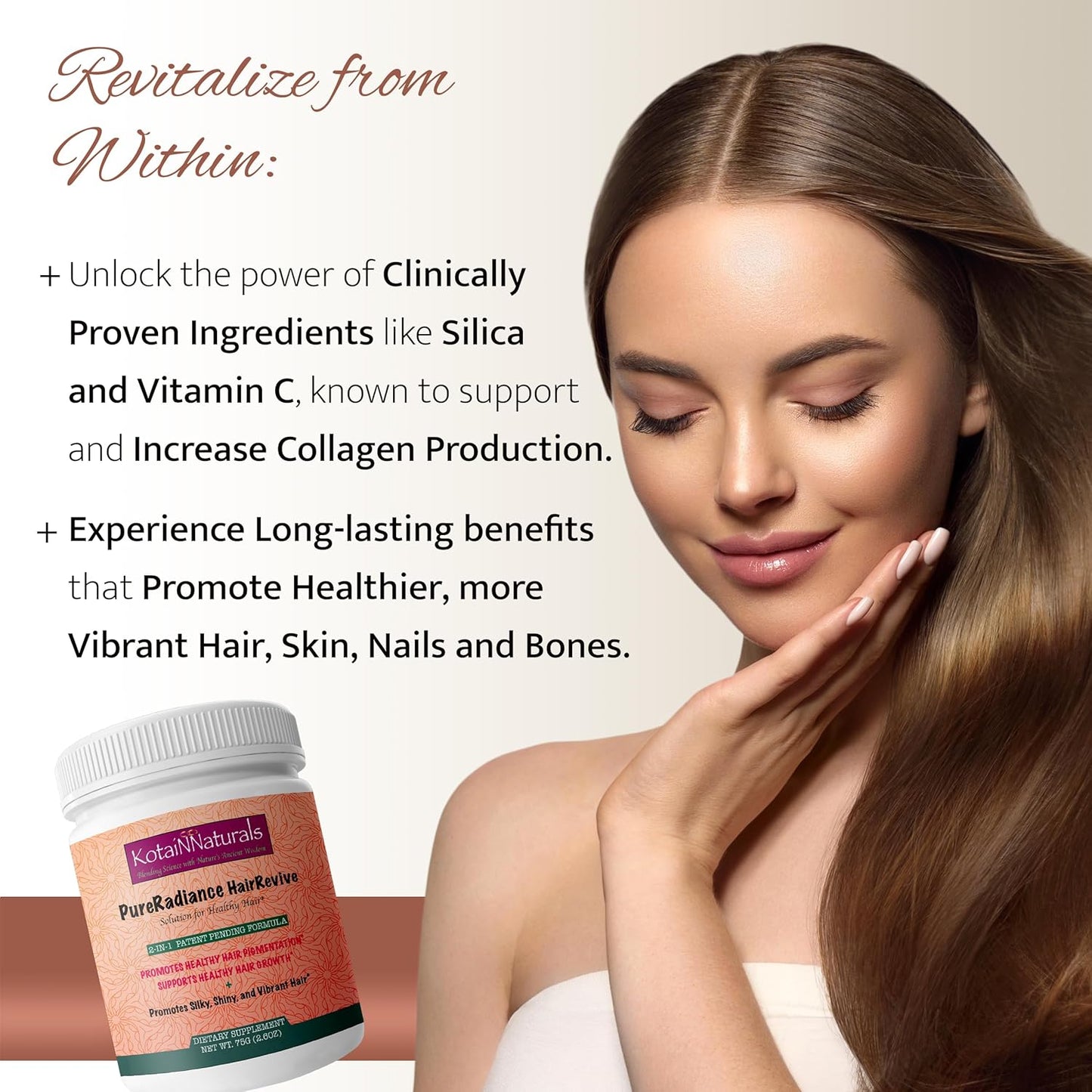 KotaiNNaturals Pure Radiance Hair Revive Powder - 2-in-1 Supplement for Hair Growth and Gray Hair Reversal with Collagen Benefits - Men and Women