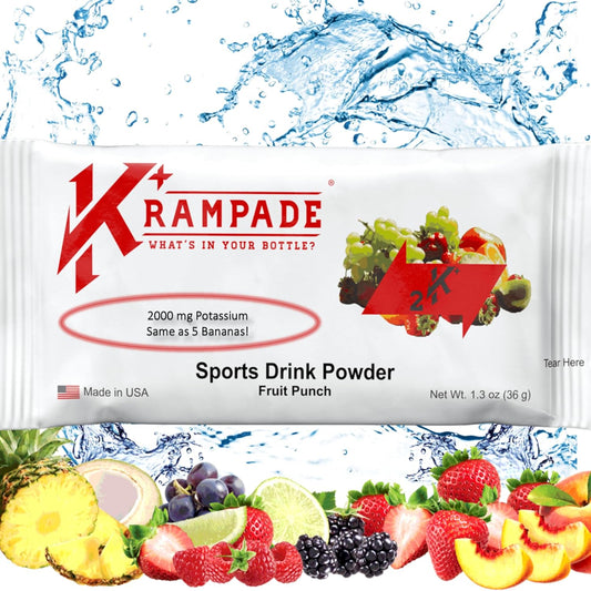 Krampade 2K Fruit Punch Single Serve Colorless Sports Drink with Potassium for Cramp Relief