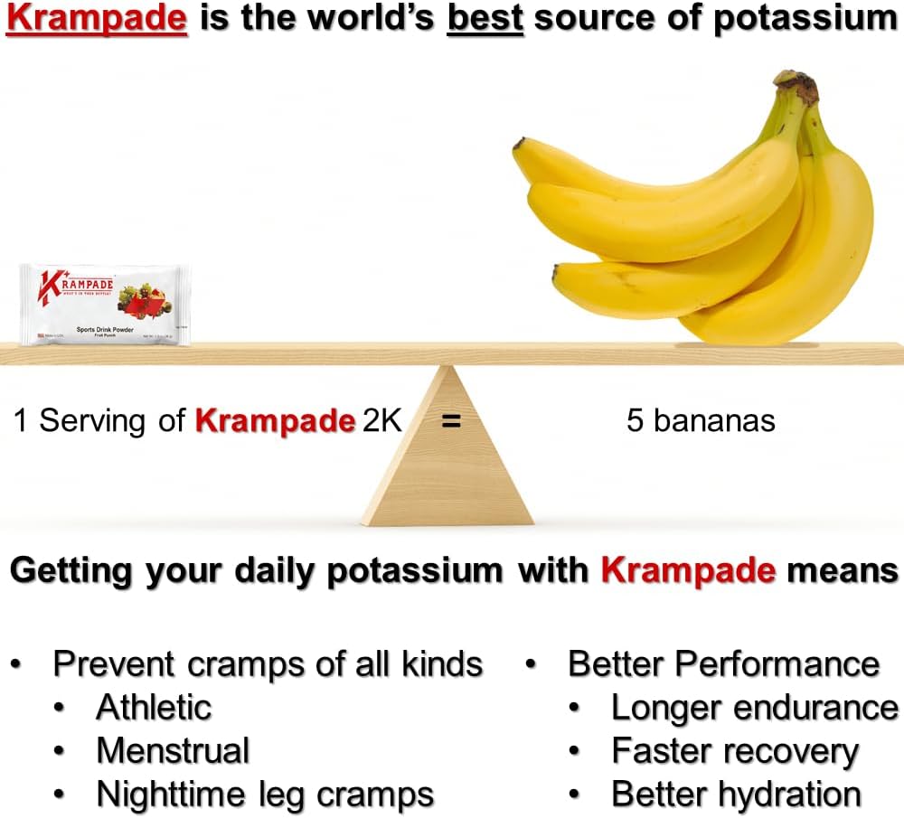 Krampade 2K Fruit Punch Single Serve Colorless Sports Drink with Potassium for Cramp Relief