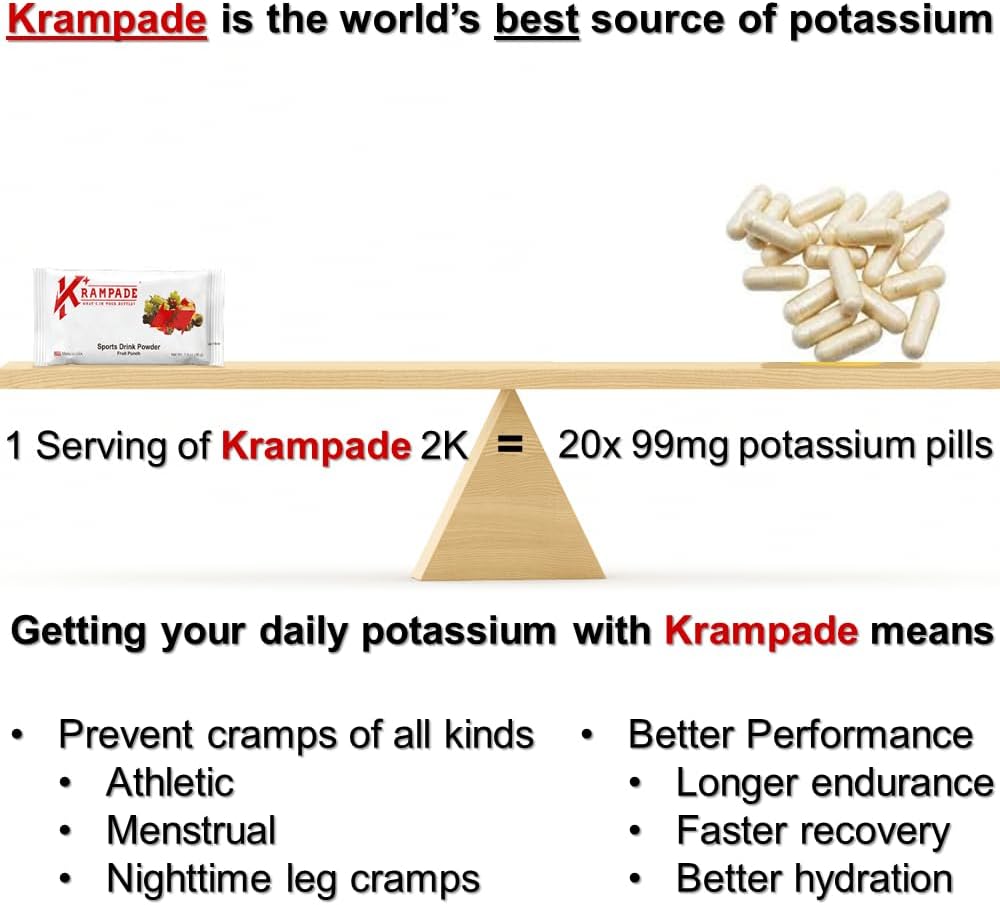 Krampade 2K Fruit Punch Single Serve Colorless Sports Drink with Potassium for Cramp Relief