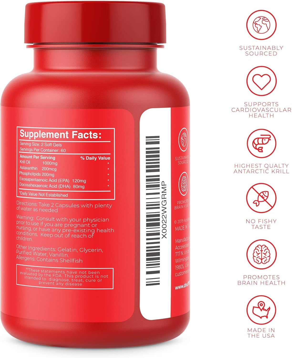 KrillDNA Antarctic Krill Oil Softgels 1000mg with Astaxanthin, Omega 3, DHA, EPA, Phospholipids | Vanilla Coating, No Smell, 60 Servings