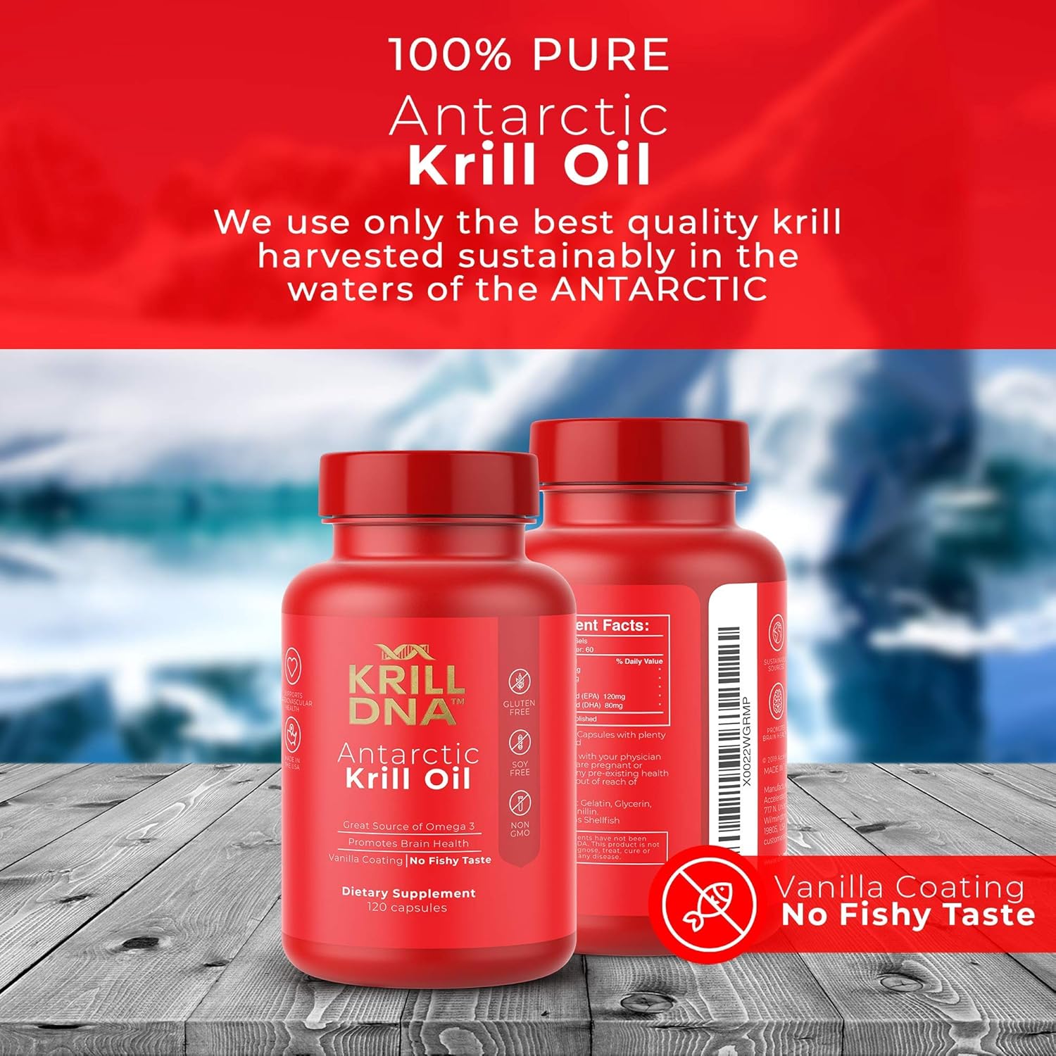 KrillDNA Antarctic Krill Oil Softgels 1000mg with Astaxanthin, Omega 3, DHA, EPA, Phospholipids | Vanilla Coating, No Smell, 60 Servings