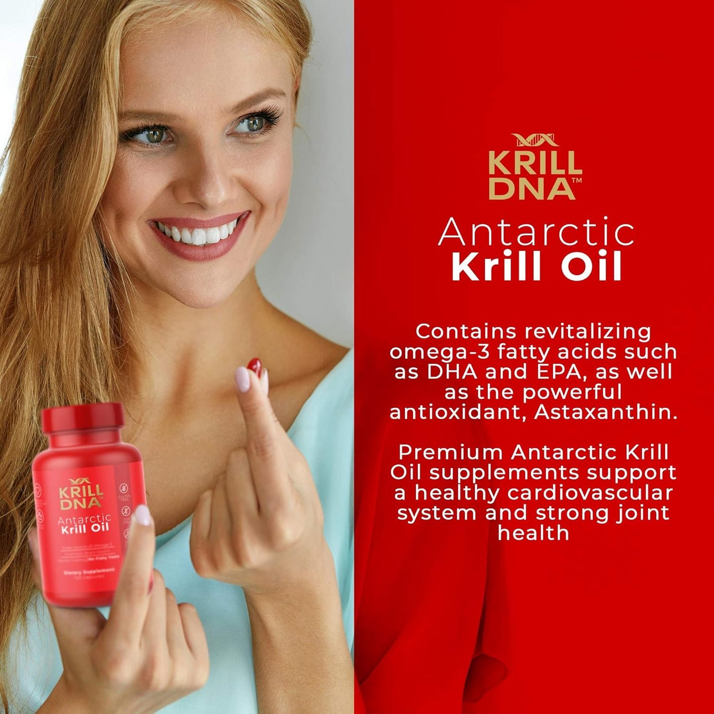 KrillDNA Antarctic Krill Oil Softgels 1000mg with Astaxanthin, Omega 3, DHA, EPA, Phospholipids | Vanilla Coating, No Smell, 60 Servings