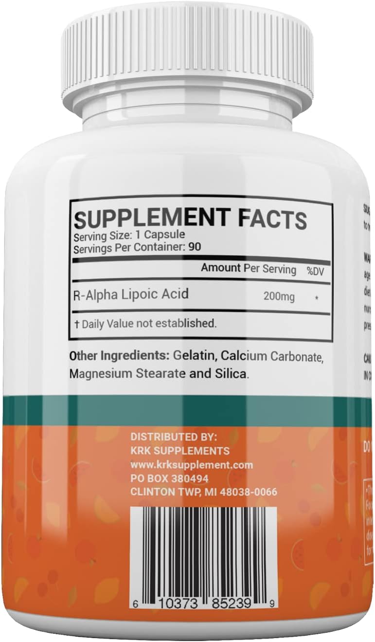 KRK Supplements R-Alpha Lipoic Acid 200mg 90 Capsules - Antioxidant Support