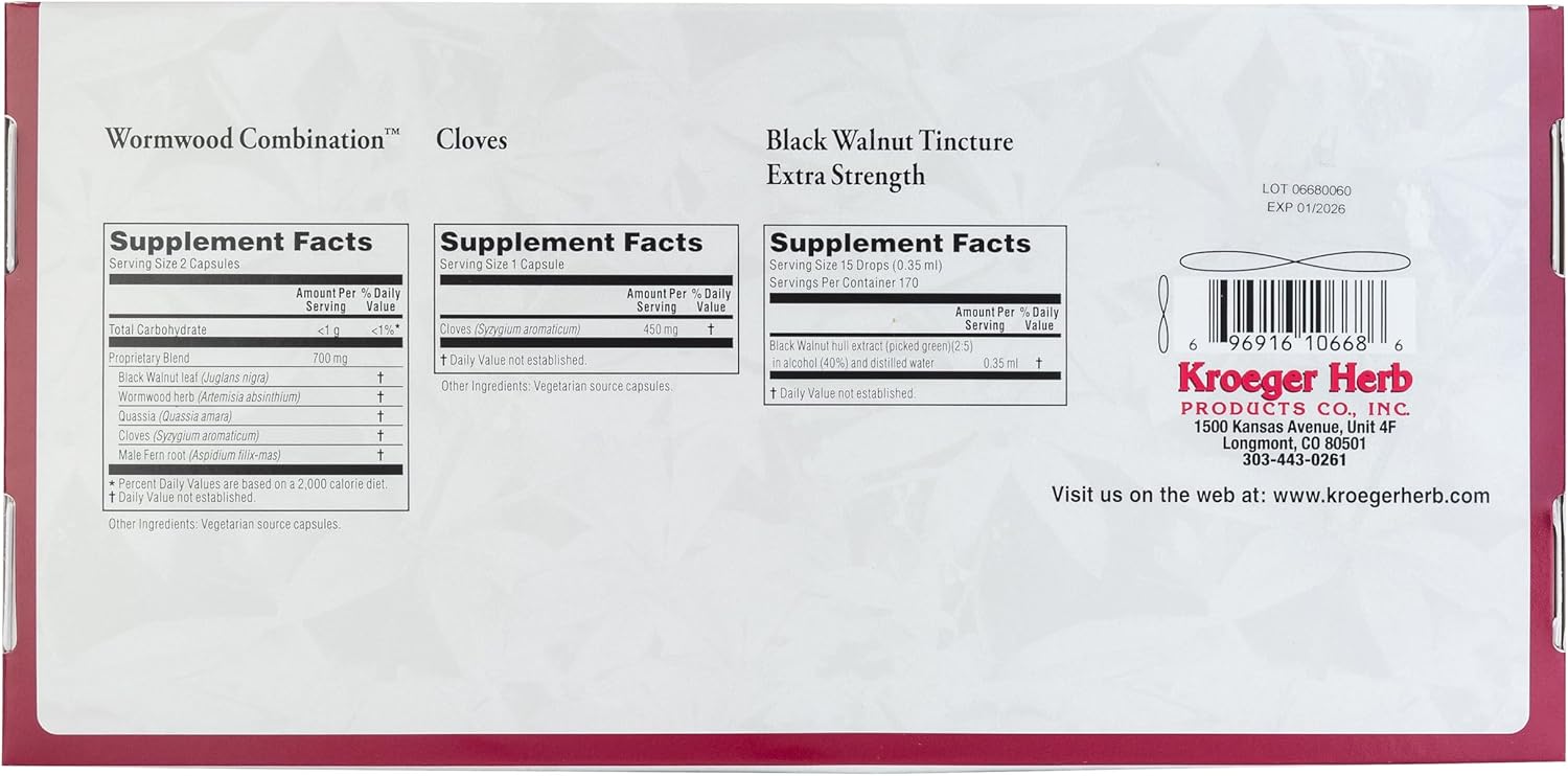 Kroeger Herb Wormwood Detox Cleanse Kit - Black Walnut, Clove, Quassia Capsules - Non-GMO, Gluten Free - USA Made