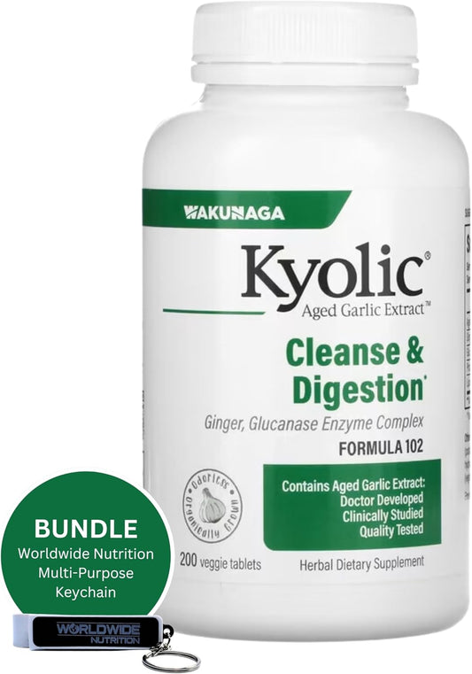 Kyolic Aged Garlic Extract 200 Veggie Tablets Cleanse & Digestion Bundle - Enriched with Garlic Ginger - Worldwide Nutrition Formula 102, 200 Counts