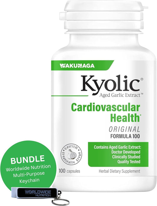 Kyolic Aged Garlic Extract Formula 100 with Multi-Purpose Key Chain - Worldwide Nutrition Bundle, 100 Capsules