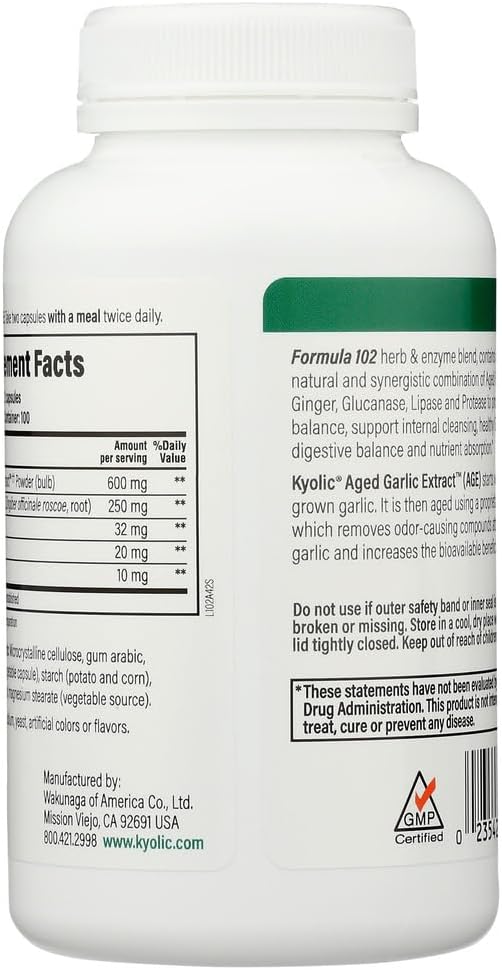 Kyolic Aged Garlic Extract Formula 102 for Cleanse & Digestion - 200 Veggie Capsules