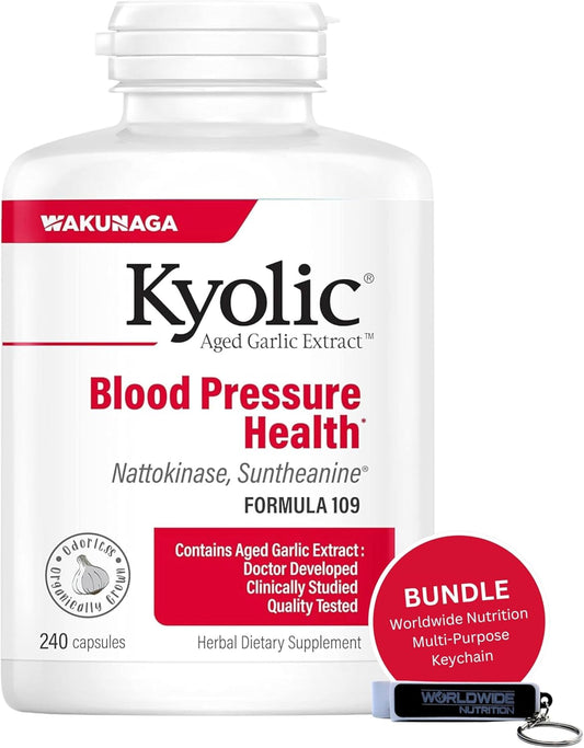 Kyolic Aged Garlic Extract Formula 109 Bundle with Blood Pressure Health Capsules and Multi-Purpose Key Chain