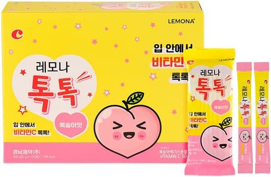 Kyung Nam Pharm LEMONA TOKTOK Kids Vitamin C 50mg Stick Packs, Peach Flavored for Daily Energy & Overall Health Boost