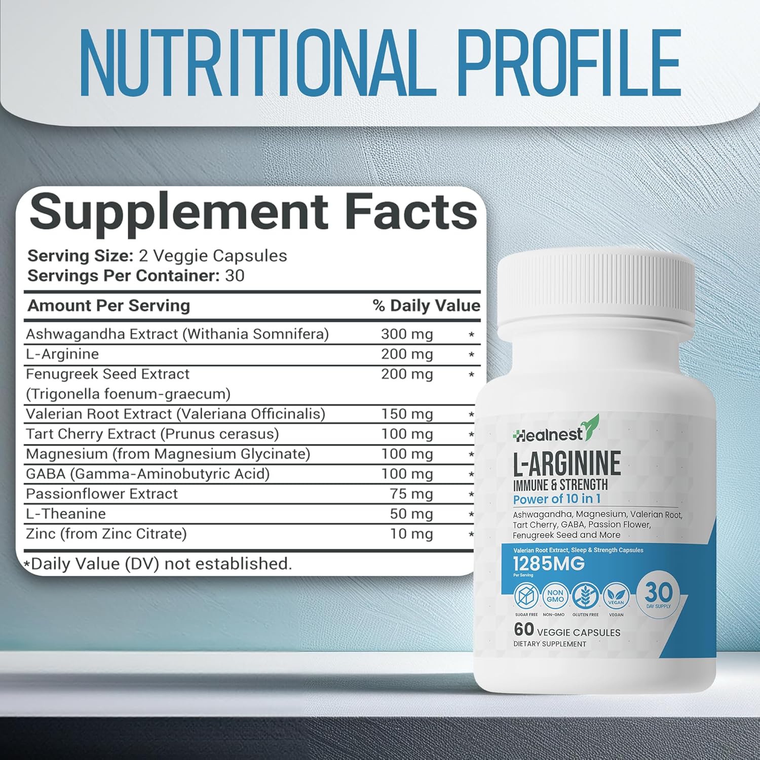 L-Arginine Capsules with L-Theanine, Valerian Root, Ashwagandha, Magnesium, Tart Cherry - 60 Non-GMO Veggie Capsules