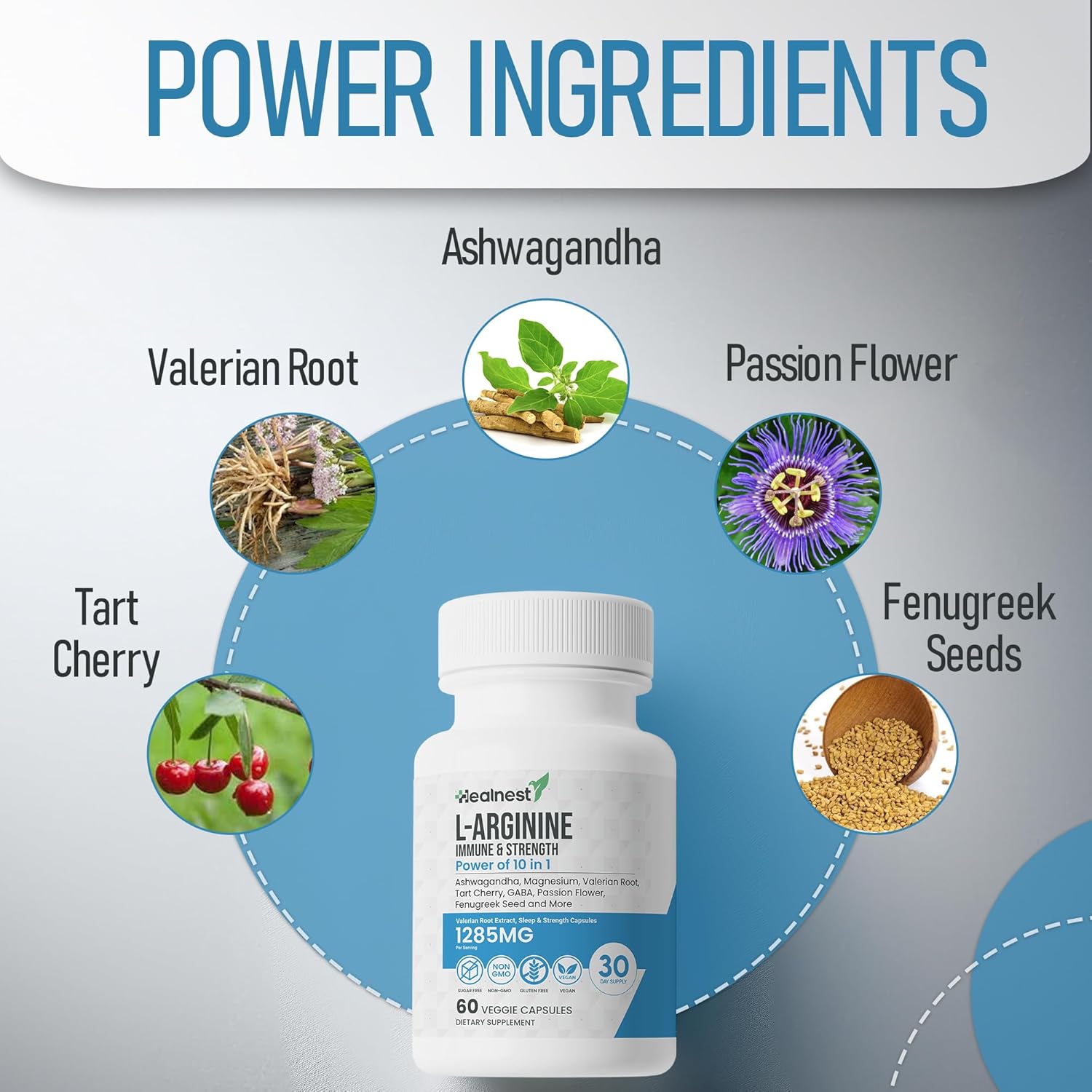 L-Arginine Capsules with L-Theanine, Valerian Root, Ashwagandha, Magnesium, Tart Cherry - 60 Non-GMO Veggie Capsules