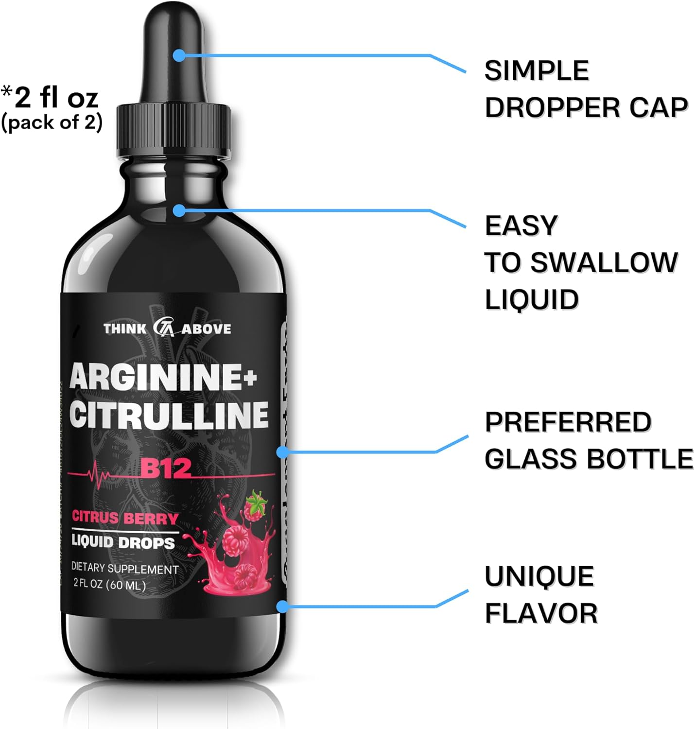 L-Arginine + L-Citrulline Liquid Drops with Vitamin B12 - Citrus Berry Flavor, 2 fl oz (60 ml) x 2 - Fast Absorption & Easy-to-Use