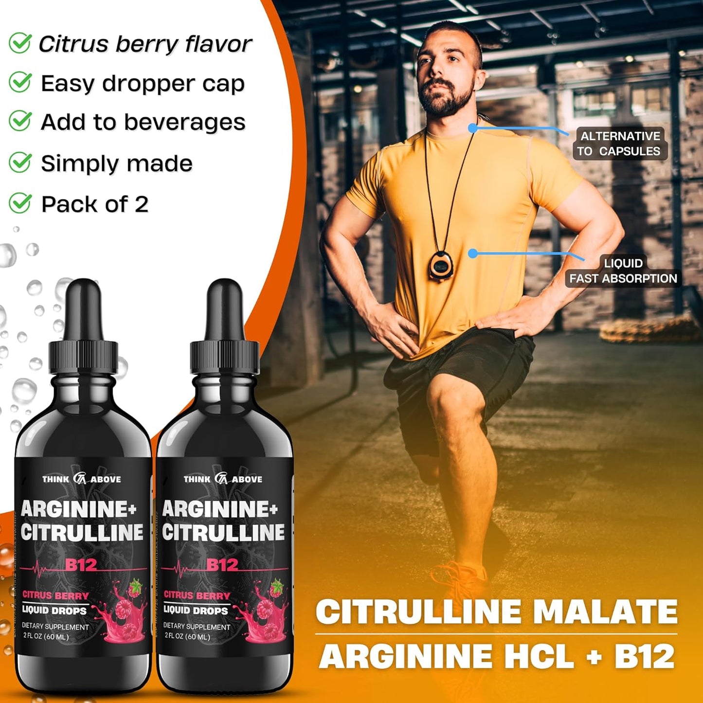 L-Arginine + L-Citrulline Liquid Drops with Vitamin B12 - Citrus Berry Flavor, 2 fl oz (60 ml) x 2 - Fast Absorption & Easy-to-Use